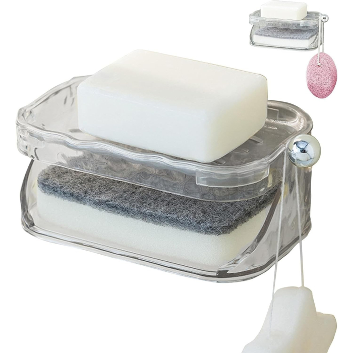 Savoniera Dubla Flippy EasyDry, 2 Straturi, cu Suport pentru Burete, Montare Fara Gaurire, 13.5 x 8.5 x 6 cm, Transparent [2]