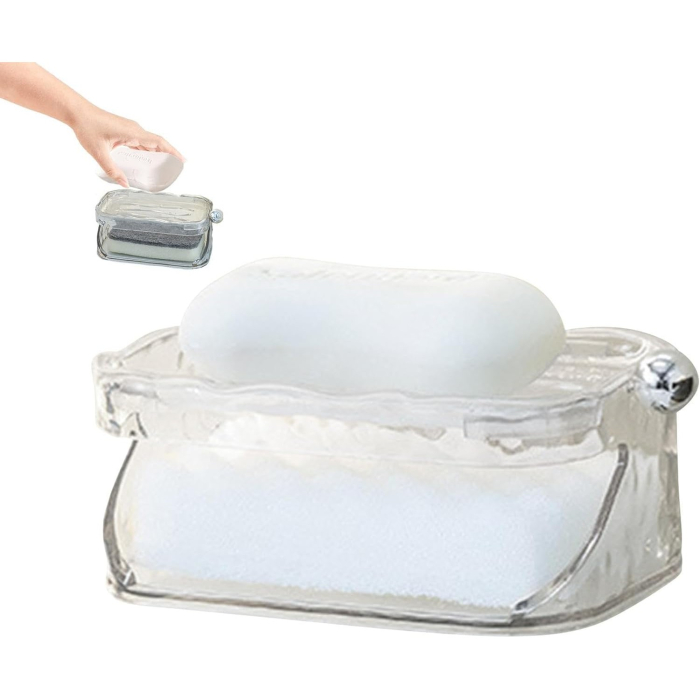 Savoniera Dubla Flippy EasyDry, 2 Straturi, cu Suport pentru Burete, Montare Fara Gaurire, 13.5 x 8.5 x 6 cm, Transparent [4]