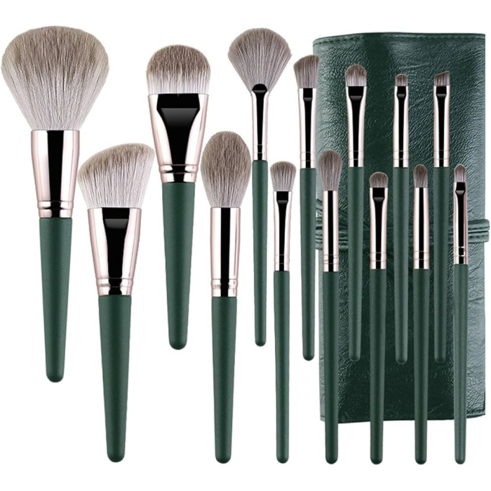 Set 14 Pensule de Machiaj Flippy cu Peri Moi, Husa si Suport pentru Depozitare, Pensule pentru Fata si Ochi, Verde [4]