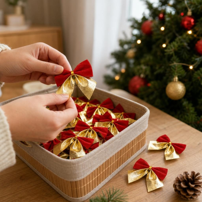 Set 24 Fundite Decorative pentru Brad de Craciun, Flippy, Rosu-Auriu, din Poliester, Decoratiuni Festive, 5 x 6 cm [5]