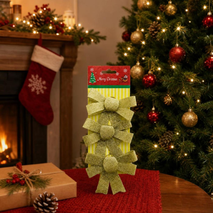 Set 3 Fundite Decorative pentru Brad de Craciun, Flippy, cu Sclipici, din Poliester, Decoratiuni Festive, 10 x 11 cm, Auriu [6]