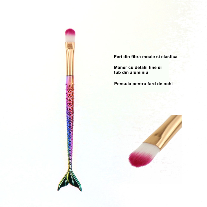 Set 3 Pensule pentru Machiaj Flippy, in Forma de Sirena, Electroplacate, Detalii Fine, Maner Ergonomic, Peri din Fibra Moale, Multicolor [6]
