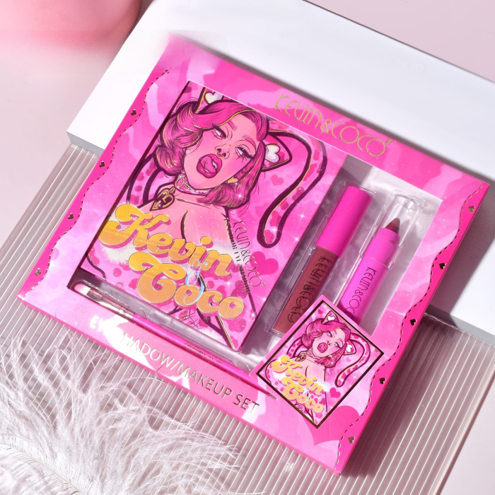 Set 4 Produse de Machiaj, KEVIN & COCO, Pink Loving-Heart Leopard Girl, 18 Culori, Farduri de Ochi Mate, Sidefate si Glitter, Iluminatoare si Produse pentru Conturare, Luciu de Buze si Pensula Inclusa [3]