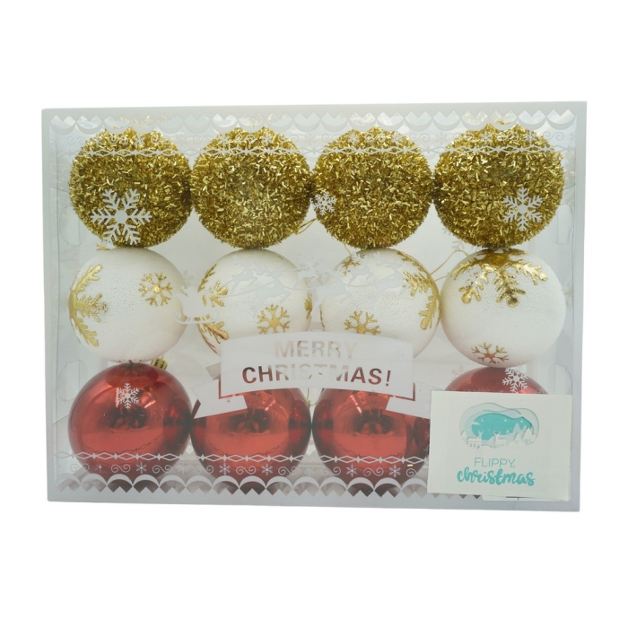 Set de 12 ornamente de brad, Flippy, de tip Glob, Alb/ Rosu, din polistiren, cu finisaj sclipitor , cutie  8  cm adancime x 32  cm lungime x 24  cm inaltime [1]