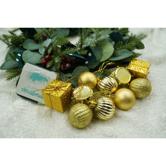 Set de 20 ornamente de brad, Flippy, de tip Glob, Auriu, din polistiren, cu finisaj sclipitor , cutie  4  cm adancime x 20  cm lungime x 16  cm inaltime [3]