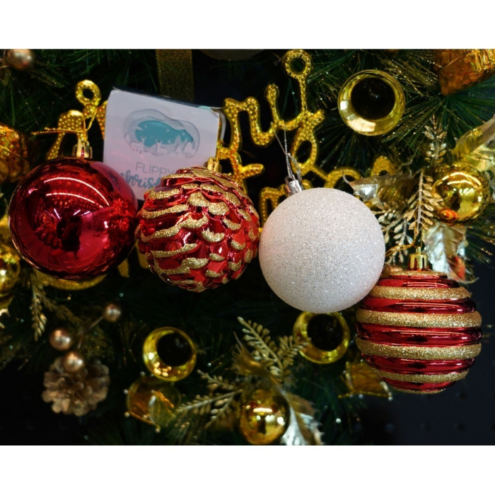 Set de 24 ornamente de brad, Flippy, de tip Glob, Alb/ Rosu, cu ø de 7 cm, din plastic, cu finisaj sclipitor , cutie  16  cm lungime x 36  cm inaltime x 16  cm adancime [8]