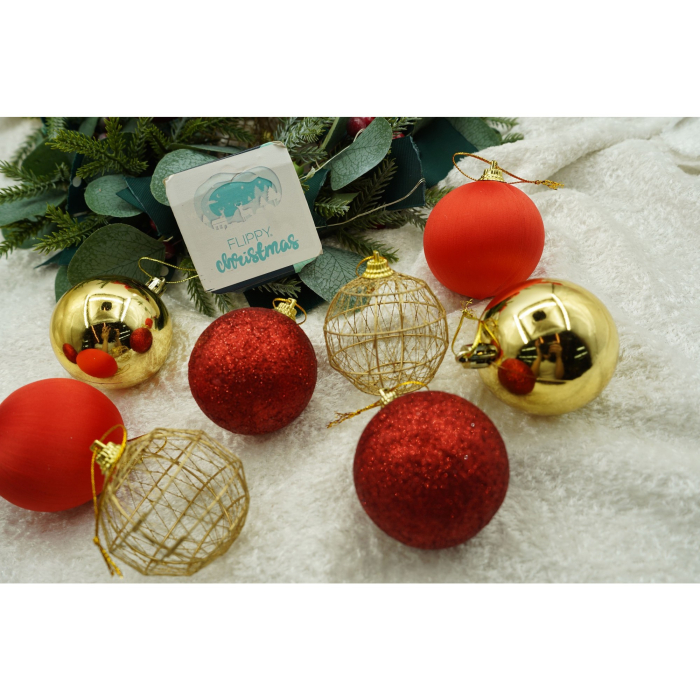 Set de 28 ornamente de brad, Flippy, de tip Glob, Rosu/ Auriu, din polistiren, cu finisaj sclipitor , cutie  18  cm adancime x 22  cm inaltime x 18  cm lungime) [2]