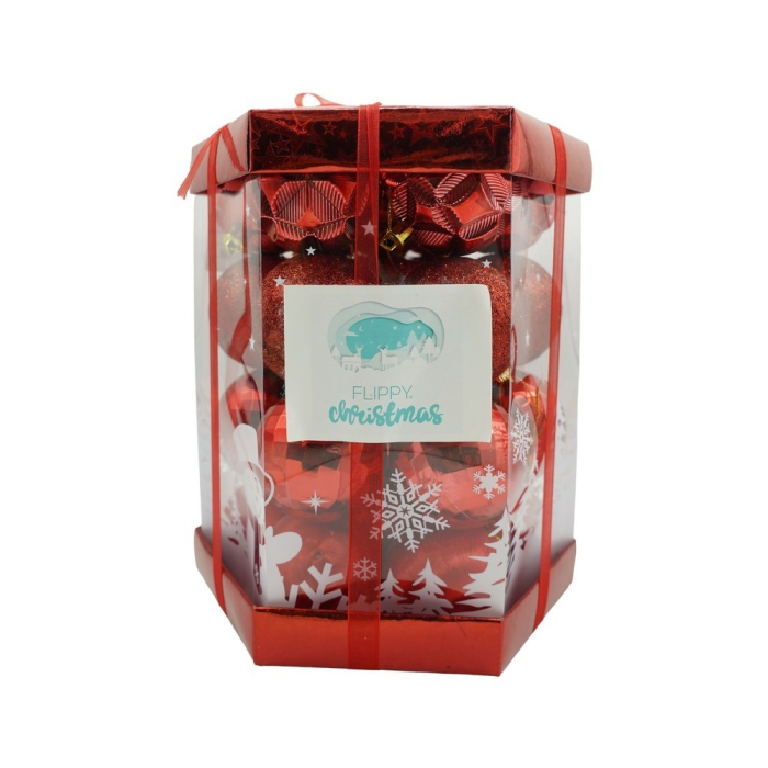 Set de 28 ornamente de brad, Flippy, de tip Glob, Rosu, din polistiren, cu finisaj sclipitor , cutie  18  cm adancime x 22  cm inaltime x 18  cm lungime) [1]