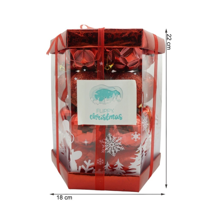 Set de 28 ornamente de brad, Flippy, de tip Glob, Rosu, din polistiren, cu finisaj sclipitor , cutie  18  cm adancime x 22  cm inaltime x 18  cm lungime) [10]