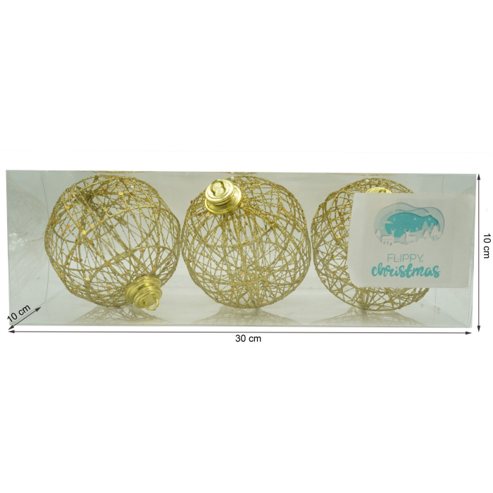Set de 3 ornamente de brad, Flippy, de tip Glob, Auriu, cu ø de 10 cm, din metal, cu finisaj sclipitor , cutie  10  cm adancime x 30  cm lungime x 10  cm inaltime [6]