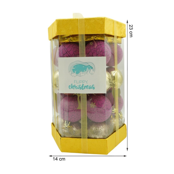 Set de 35 ornamente de brad, Flippy, de tip Glob, Auriu/ Mov, din polistiren, cu finisaj sclipitor , cutie  14  cm adancime x 23  cm inaltime x 14  cm lungime) [11]