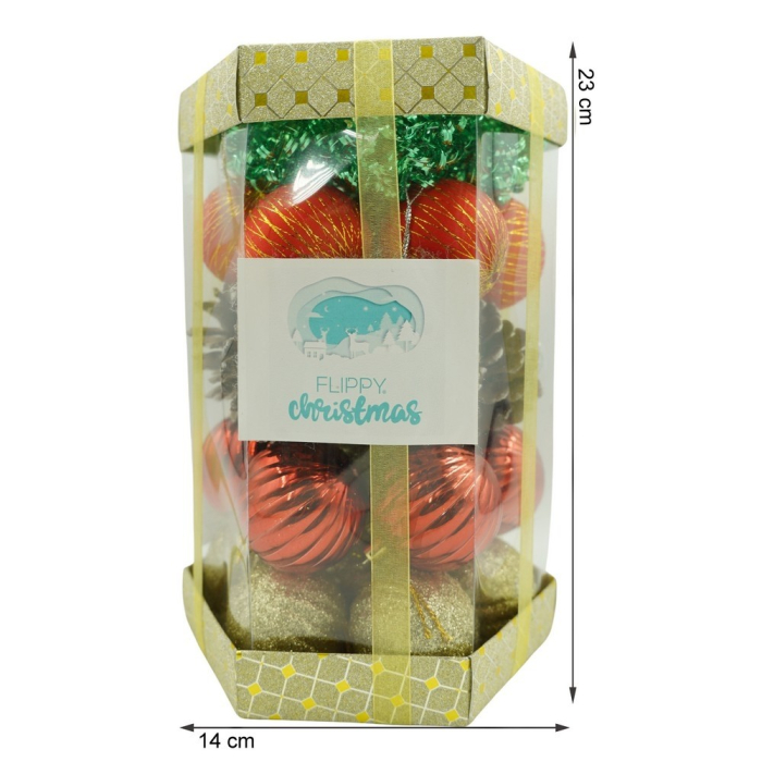 Set de 35 ornamente de brad, Flippy, de tip Glob, Multicolor, din polistiren, cu finisaj sclipitor , cutie  14  cm adancime x 23  cm inaltime x 14  cm lungime) [11]