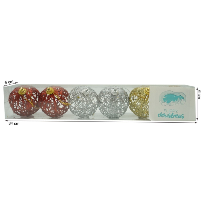 Set de 6 ornamente de brad, Flippy, de tip Glob, Multicolor, cu ø de 6 cm, din metal, cu finisaj sclipitor , cutie  6  cm adancime x 34  cm lungime x 6  cm inaltime [15]