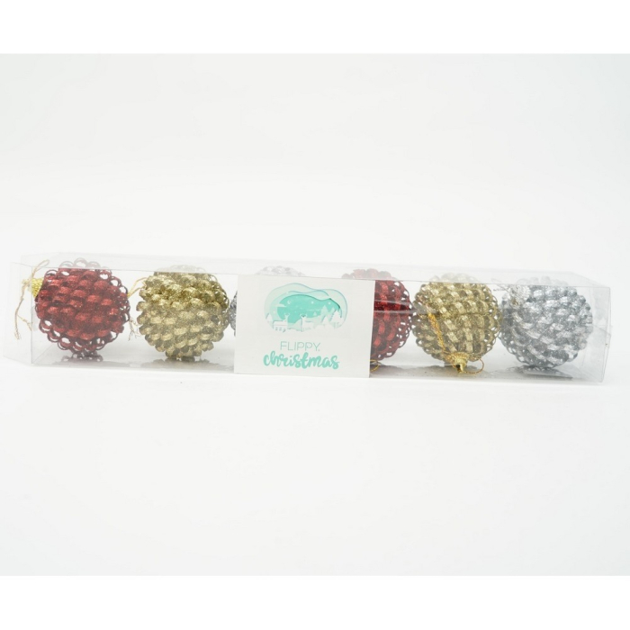 Set de 6 ornamente de brad, Flippy, de tip Glob, Multicolor, cu ø de 6 cm, din metal, cu finisaj sclipitor , cutie  6  cm adancime x 34  cm lungime x 6  cm inaltime [10]
