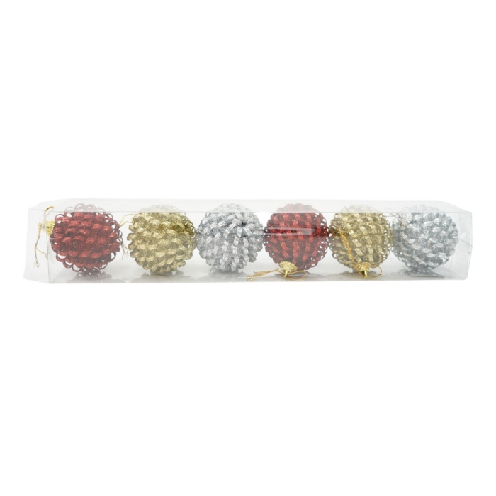 Set de 6 ornamente de brad, Flippy, de tip Glob, Multicolor, cu ø de 6 cm, din metal, cu finisaj sclipitor , cutie  6  cm adancime x 34  cm lungime x 6  cm inaltime [1]