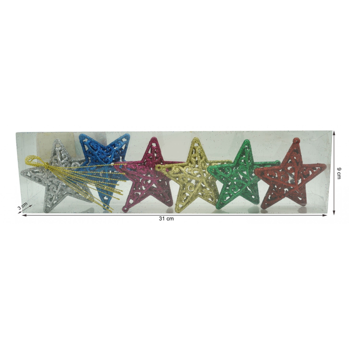 Set de 6 ornamente de brad, Flippy, de tip Stea, Multicolor, din plastic, cu finisaj sclipitor , cutie  3  cm adancime x 31  cm lungime x 9  cm inaltime [9]