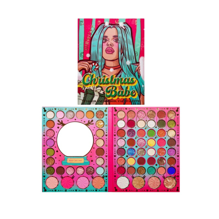 Set de Machiaj Kevin&Coco, 72 de Culori, Paleta de Farduri, Iluminatoare, Blush, Model Christmas Babe, Oglinda Rotunda, 25.5x20x1.7 cm, Multicolor [1]