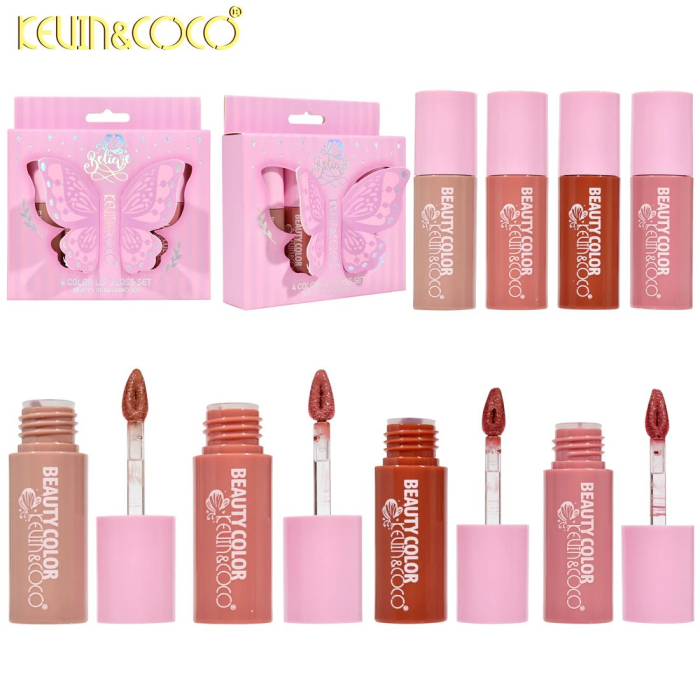 Set Luciu de Buze KEVIN & COCO Believe, 4 Lip Gloss-uri, Stralucire si Hidratare Intensa, 4 x 2.5 ml, Multicolor, Ambalaj Fluture, 10 x 2.2 x 10.3 cm, Roz [2]