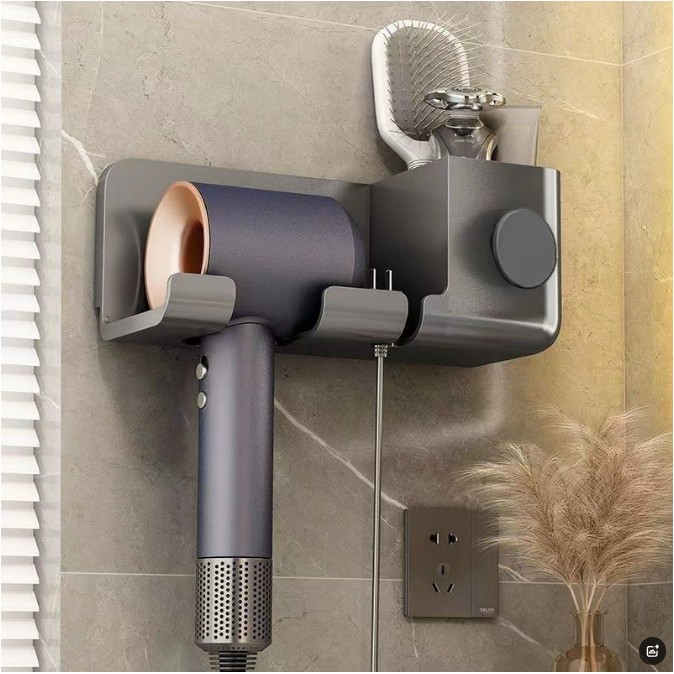 Suport de Baie, Flippy, pentru Uscator de Par, cu Organizator Dublu, din Plastic, Aplicare cu Suport Adeziv, 23 x 8.8 x 9.5 cm, Negru [4]