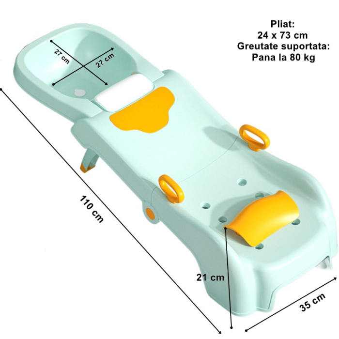 Suport Pliabil pentru Spalat Parul Flippy, Pentru Copii, cu Scurgere, cu Picioare Antialunecare, Material Polipropilena, Suport Cap Reglabil, cu Manere, 110 x 35 x 21 cm, Verde [2]