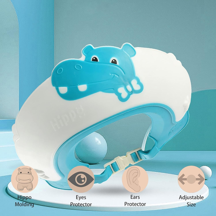 Viziera de Protectie Baie Pentru Copii, Fippy, Model Hipopotam, Dimensiune ajustabila, Durabil, Usor de curatat, Impotriva Samponului, pentru Ochi si Urechi, TPE+PP, 22x21 cm, Albastru [5]