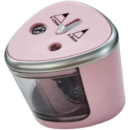 Accesorii Birou Si Consumabile - Ascutitoare Electrica cu 2 Orificii de Dimensiuni Diferite, Flippy, Gri, Baterii 4 x AA (neincluse), 7.5 x 7.5 x 7.5 cm, Roz