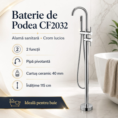 Baterie de Podea cu Cadru Rotund, Flippy, CF2032, Alama Sanitara, Pipa 18 cm, Inaltime 115 cm, Para de Dus, Crom [4]