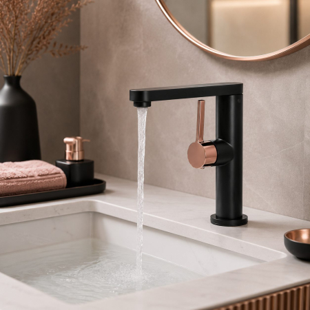 Baterie Lavoar HASSO 9107H/M, Flippy, Alama Sanitara, Monocomanda, Cartus Ceramic 40 mm, Negru Mat/Rose Gold [2]
