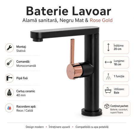 Baterie Lavoar HASSO 9107H/M, Flippy, Alama Sanitara, Monocomanda, Cartus Ceramic 40 mm, Negru Mat/Rose Gold [4]