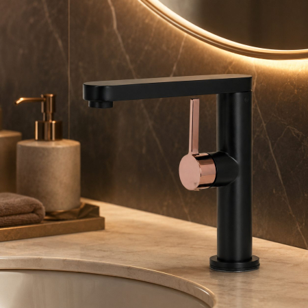 Articole Pentru Baie - Baterie Lavoar HASSO 9107H/M, Flippy, Alama Sanitara, Monocomanda, Cartus Ceramic 40 mm, Negru Mat/Rose Gold