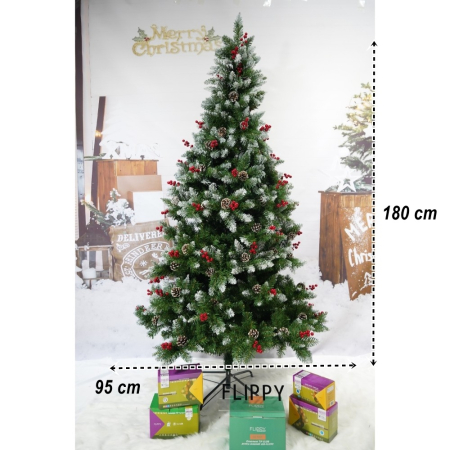 Brad artificial de Craciun nins, decorat cu conuri pin rosii, inaltime 180 cm, diametru 95 cm, 319 ramuri, Flippy, verde, suport metalic inclus [3]