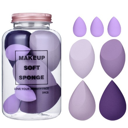 Cosmetice - Bureti de Machiaj, Flippy, Set Premium 7 bucati, Burete pentru Pudra de Machiaj, Forma Ovala, Poliuretan Hidrofil, Mov