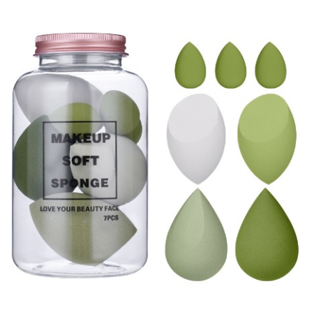 Cosmetice - Bureti de Machiaj, Flippy, Set Premium 7 bucati, Burete pentru Pudra de Machiaj, Forma Ovala, Poliuretan hidrofil, Verde