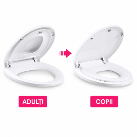 Capac de Toaleta cu Reductie 2 in 1, Flippy, pentru Copii si Adulti, Coborare Lenta si Silentioasa, Instalare Usoara, din PP5 , in Forma de U Patrat, Alb [1]