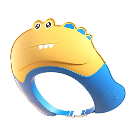 Articole Pentru Baie - Casca de Dus, Flippy, Previne Scurgerea Apei si Samponului pe Fata, 0-12 Ani, Ajustabila, din TPE+PP, 20 x 23 cm, Model Crocodil, Galben/Albastru