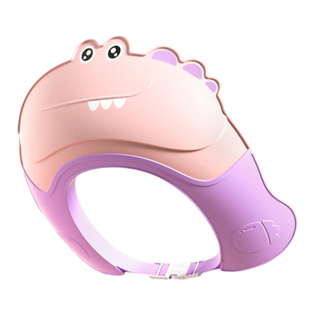 Articole Pentru Baie - Casca de Dus, Flippy, Previne Scurgerea Apei si Samponului pe Fata, 0-12 Ani, Ajustabila, din TPE+PP, 20 x 23 cm, Model Crocodil, Roz/Mov