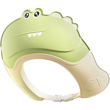 Articole Pentru Baie - Casca de Dus, Flippy, Previne Scurgerea Apei si Samponului pe Fata, 0-12 Ani, Ajustabila, din TPE+PP, 20 x 23 cm, Model Crocodil, Verde