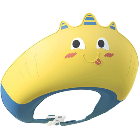 Articole Pentru Baie - Casca de Dus, Flippy, Previne Scurgerea Apei si Samponului pe Fata, 0-12 Ani, Ajustabila, din TPE+PP, 20 x 23 cm, Model Unicorn, Galben/Albastru