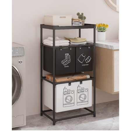 Cos de Rufe, Flippy, 3 Rafturi, 3 Cosuri, Cadru de Otel Inoxidabil, 123x28x57 cm, Negru [5]