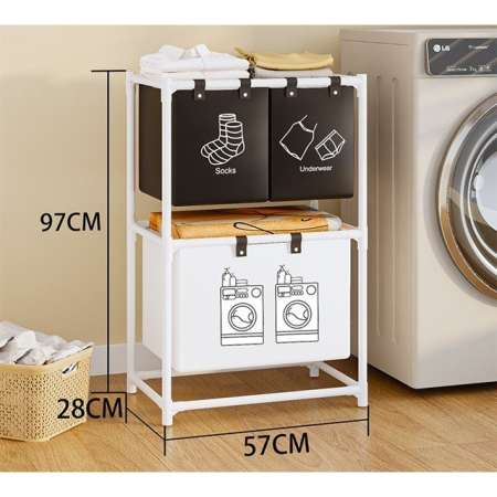 Cos de Rufe, Flippy, cu 2 Etaje, 3 Cosuri, Cadru de Otel Inoxidabil, 97x28x57 cm, Alb [2]