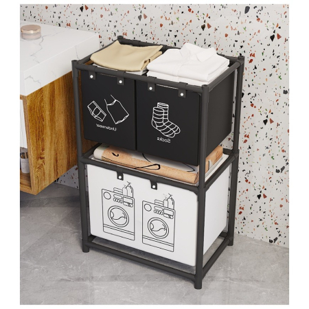 Cos de Rufe, Flippy, cu 2 Etaje, 3 Cosuri, Cadru de Otel Inoxidabil, 97x28x57 cm, Negru [5]