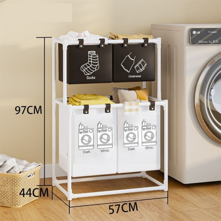 Cos de Rufe, Flippy, cu 2 Etaje, 4 Cosuri, Cadru de Otel Inoxidabil, 97x44x57 cm, Alb [6]