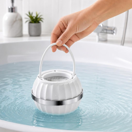 Filtru Purificator pentru Apa de Baie, Flippy, Forma Sferica, Maner pentru Agatare, Banda Decorativa Argintie, Uz Casnic, Alb [1]