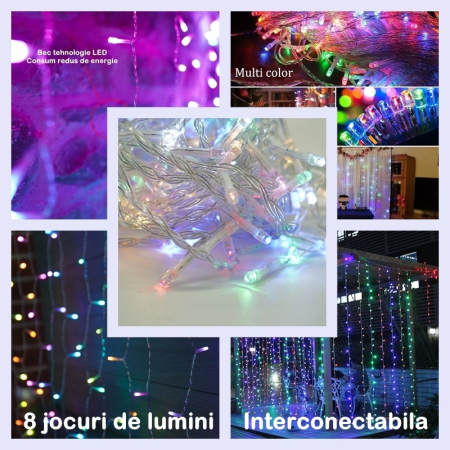 Instalatie Craciun Yoto, Tip Perdea, 2 m x 1 m, 120 LED-uri, Prelungitor 1.5 m, 8 Jocuri de Lumini, Interconectabila, Fir transparent, Interior/Exterior, Multicolor [1]