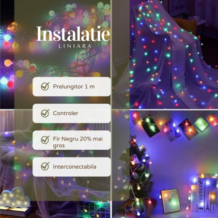 Instalatie de Craciun Liniara RGRB Yoto, 10 m, din care 1 m Prelungitor 220V, 40 LED, Bilute Mate, Interconectabila, Utilizare Interior/Exterior, Fir Negru, multicolor [1]