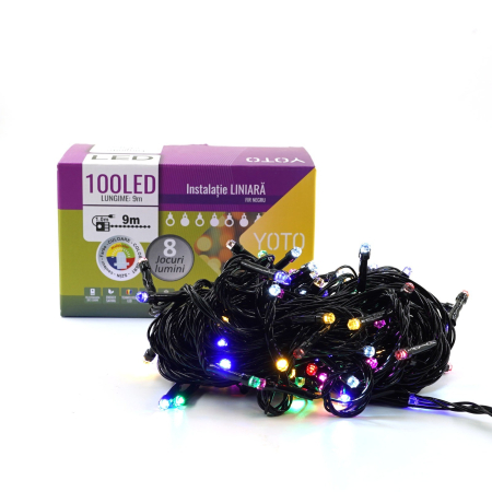 Instalatie de Craciun liniara Yoto, 10 m, din care 1 m cablu priza 220V, 100 LED, 8 jocuri de lumini, beculet in 6 colturi, pentru interior, controler, fir negru, multicolor [1]