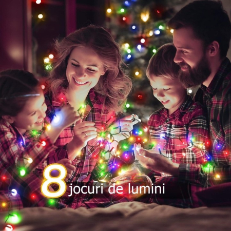 Instalatie de Craciun liniara Yoto, 17 m, din care 1 m cablu priza 220V, 200 LED, 8 jocuri de lumini, beculet in 6 colturi, pentru interior, controler, fir negru, multicolor [3]
