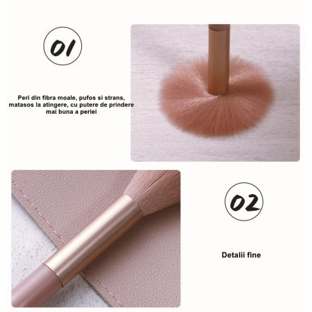 Mini Set Portabil 8 Pensule pentru Machiaj Flippy, Super Soft, Makeup Profesional/Incepatori, Maner Ergonomic, Gentuta Depozitare Inclusa, Maro [3]