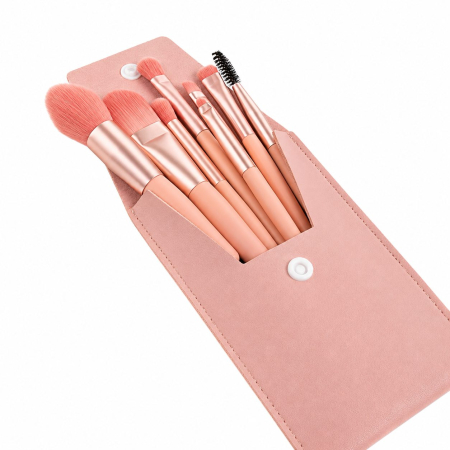 Pensula Machiaj - Mini Set Portabil cu 8 Pensule de Machiaj Flippy cu Husa cu Peri Moi și Densi, pentru Fond de Ten, Pudră, Blush, Fard și Sprâncene, Roz