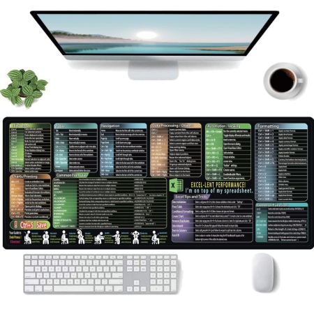 Mousepad cu Suport Tastatura, Flippy, Covoras pentru Masa de Birou cu Formule si Scurtaturi pentru Excel, Rezistent la Zgirieturi si Antiderapant 90 x 40 cm, Model 1 Negru [1]